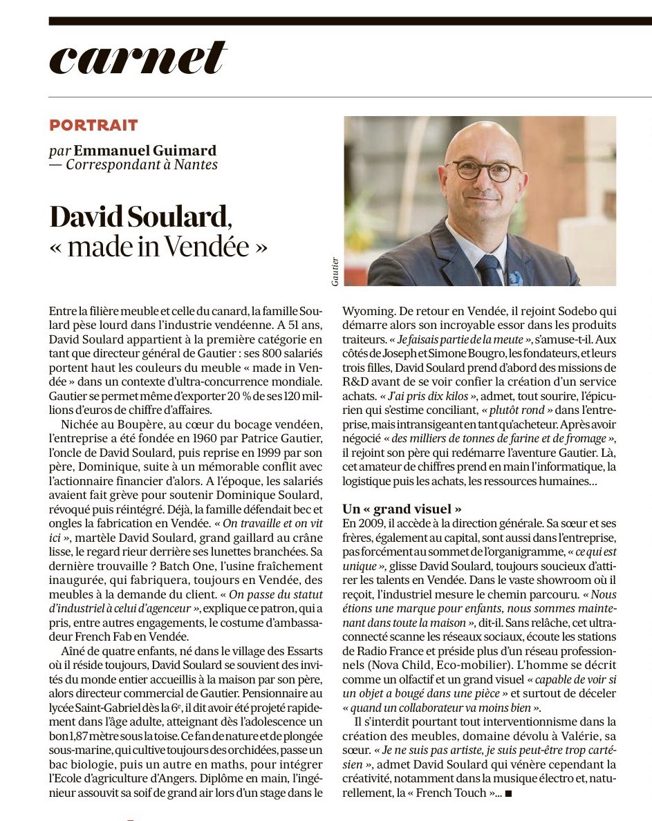 davidsoulard's tweet photo. Merci @EmmanuelGuimard pour ce portrait un peu taquin dans Les Échos de ce matin ! Mais qui me ressemble vraiment  ! @sodebo @LaFrenchFab @GautierFrance @Eco_mobilier @NovaCHILD_eu #frenchTouch #MadeinVendee @AmeublementFR https://t.co/PKiYjt4WaX
