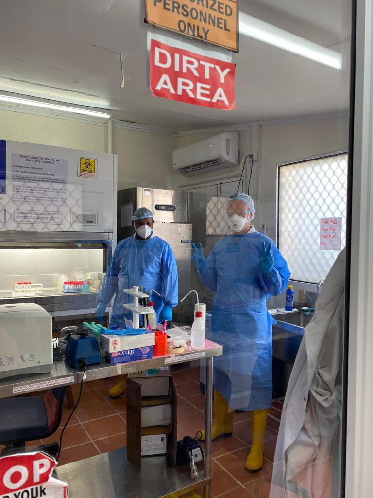 AusHCSols's tweet photo. Professor Patrick Reading and Jean Moselen, two laboratory experts from the 🌏-leading Doherty Institute in Melbourne, are working with staff at the National Referral Hospital and the Good Samaritan Hospital to step up the #COVID19 response. 🇸🇧🤝🇦🇺 https://t.co/N4evDDGTs4