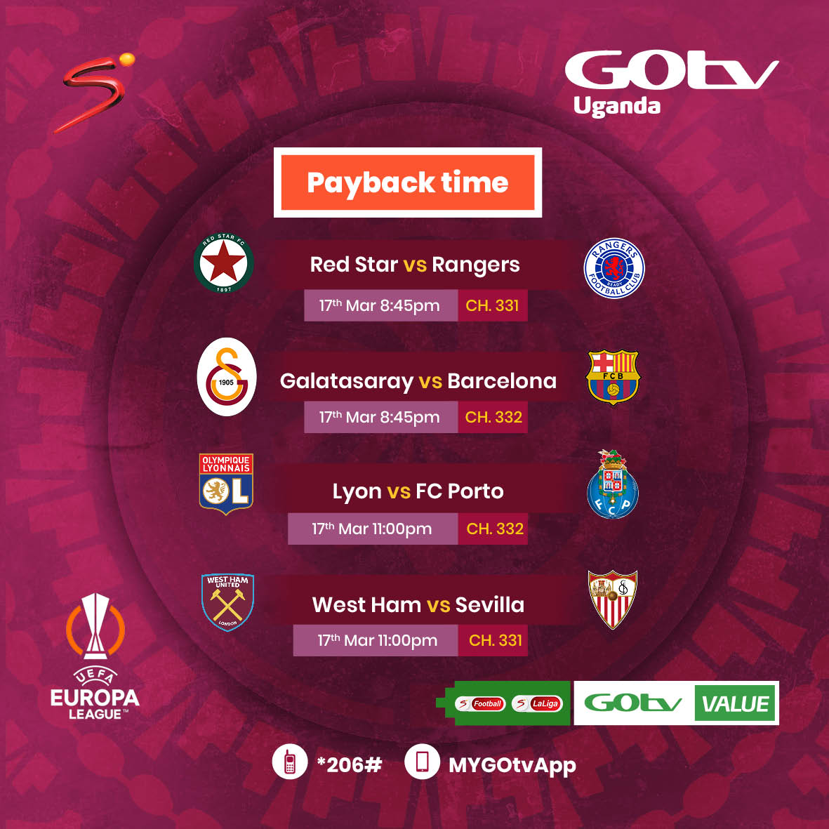GOtvUganda's tweet photo. Who's proceeding to the quarter finals? Watch the Europa League starting at 8:45 PM on SS Football Ch 331 and SS La Liga Ch 332.
Download MyGOtv App: https://t.co/l5isueNaz6 to upgrade your package and get stepped up to the next.
#LinnyaGradeNeGOtv #OurHomeOurFootball
. https://t.co/Naz4ms1VI8