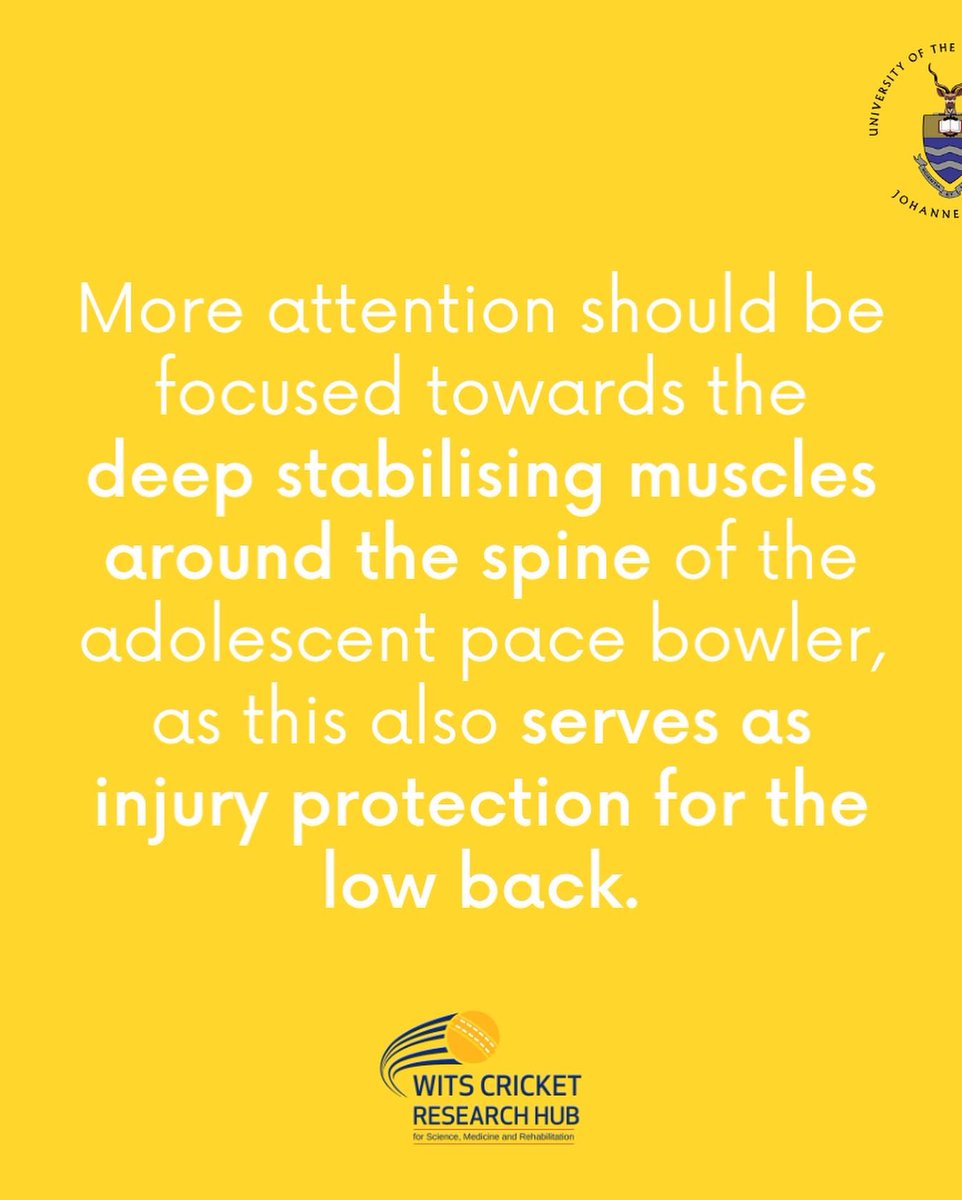 Stronger trunk muscles can affect bowling performance. Including strength endurance type exercises in bowlers conditioning programmes can therefore not only help prevent injury but also booste performance. 
 #coretraining #bowling #injury#cricket@WitsCricketRH <a href="/BenitaOlivier/">Benita Olivier</a>