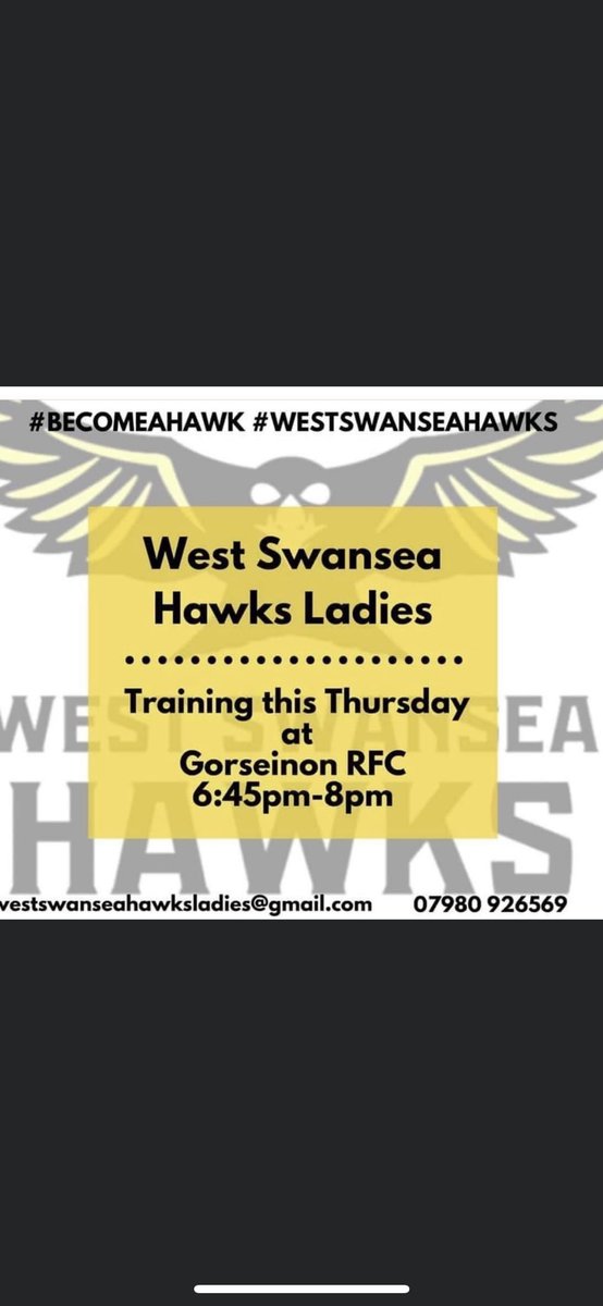 Suewaters20's tweet image. Join us Tonight at Gorseinon RFC at 6:45pm! 🏉 New and experienced players all welcome! #BECOMEAHAWK