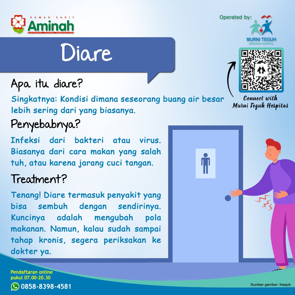 rsmurniteguhct's tweet photo. Diare : kondisi dimana seseorang buang air besar lebih sering dari yang biasanya

Penyebabnya : infeksi bakteri atau virus

Treatment : Diare termasuk penyakit yang bisa sembuh dengan sendirinya.

Kalau sudah kronis segera periksakan ke dokter.
Download : https://t.co/IZmYr2oki5 https://t.co/9udKilyt2Y
