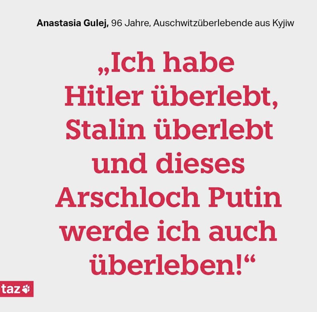 TinoPfaff's tweet photo. "Dieses Arschloch Putin werde ich auch überleben!"
-Anastasia Gulej-
#Kriegsverbrecher #Putin #Stalin #Hitler #Ukraine #Angriffskrieg https://t.co/F15v9vu3w7