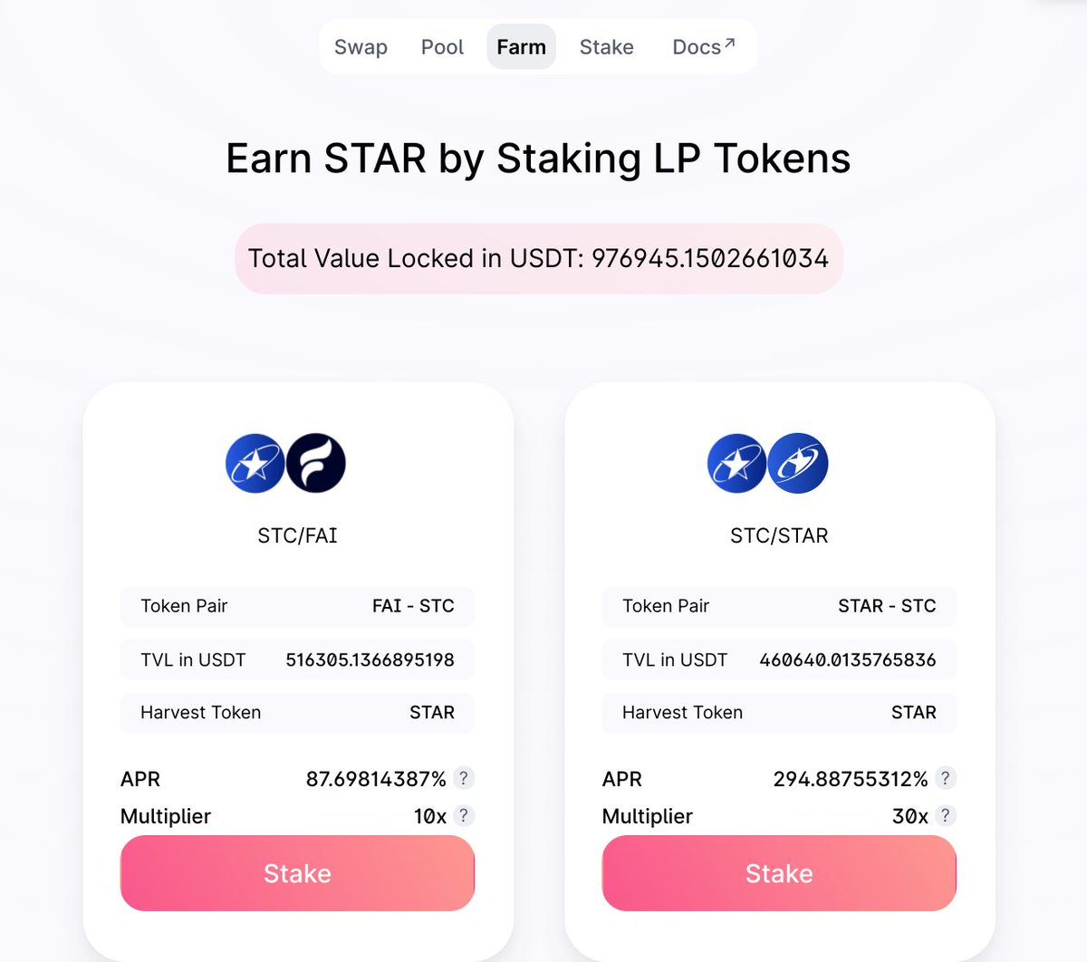 StarswapEN's tweet photo. Starswap Farm Total Valued Locked in USDT:976,945.15
💰💰💰
Starswap Web:https://t.co/hCPOZVPyk8

#Starswap #Starcoin #Farm #Stake #DEX $STAR
Join us!!! https://t.co/OzSRBZjGj2