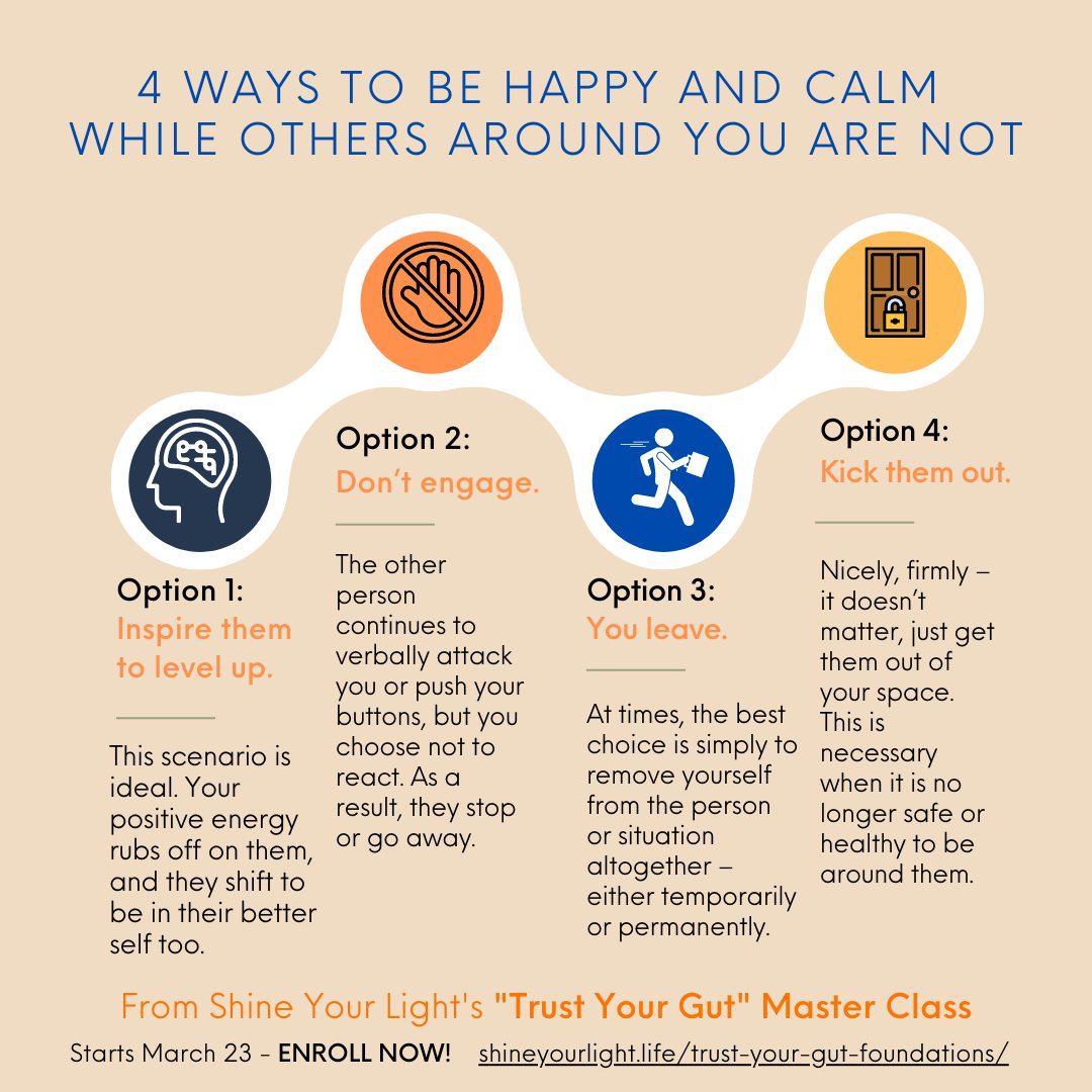 shineylife's tweet photo. Rather than allowing someone else’s bad moods or deeper unhappiness to knock you off-guard, you now have four distinct options to stay in your happy, best self no matter what’s going on around you: 
Read full blog at: https://t.co/HtzVlJWoX7 and enroll in class starting next week https://t.co/f98D6j2h7h