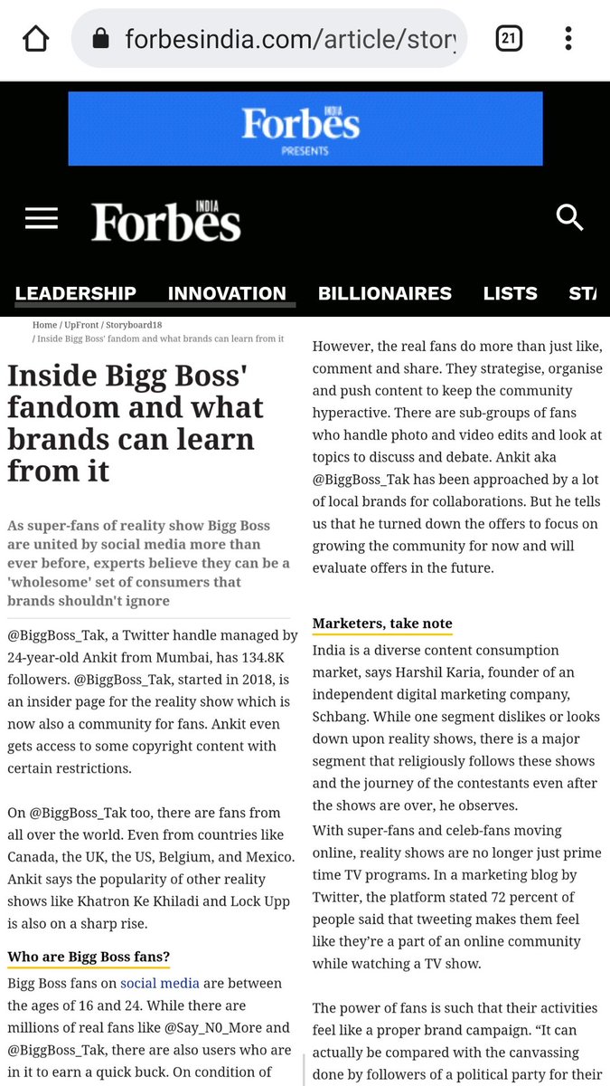BiggBoss_Tak's tweet photo. Thanks to @ForbesIndia for mentioning me in the article. And I don't think there can be a better way to reveal my identity than here which I kept a secret for the last 3 yrs. Thanks @MissChotu for making me a part of this. @viacom18 @BrandStoryboard @moneycontrolcom #BiggBoss_Tak https://t.co/0fnui0pHD4