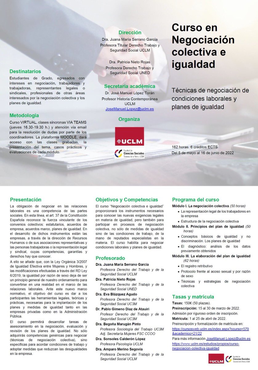 Abierto plazo de inscripción del nuevo título propio Negociación Colectiva e Igualdad organizado por @FacSocial_UCLM 👇🏻