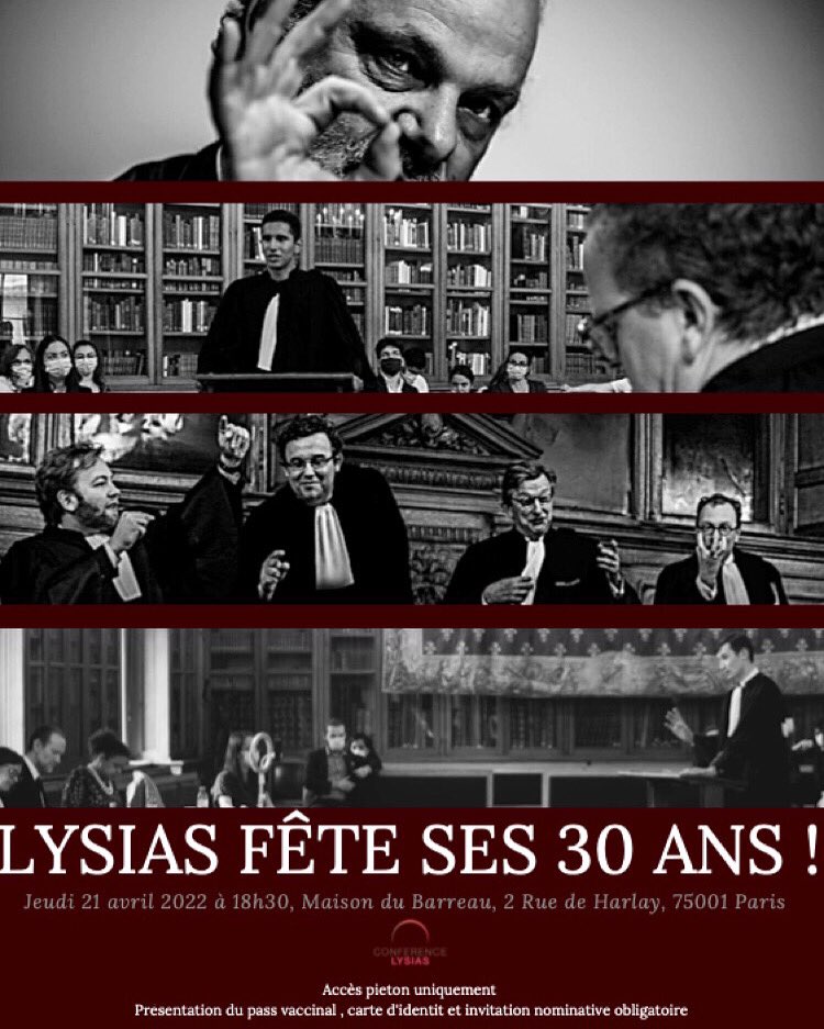 Il y a 30 ans naissait le cercle Lysias ; aujourd’hui étendu dans toute la France et compte 30 associations locales. 

Nous avons donc le plaisir de vous annoncer que la Conférence Lysias fête ses 30 ans le 21 avril prochain, à la Maison du barreau. Plus d’informations à venir !