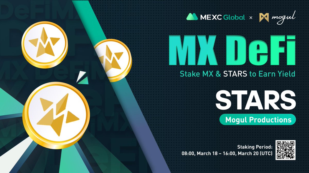 🔨Launching the new MX DeFi with <a href="/mogulofficial_/">Mogul Productions | $MOGUL</a> - Stake $MX or $STARS to earn liquidity yield on $STARS

⏰Staking period: 08:00 Mar 18 - 16:00 Mar 20 (UTC)

Details: bit.ly/3MXLYLR

💚Sign up: bit.ly/3uemwLl

#Mogul #MEXCGlobal