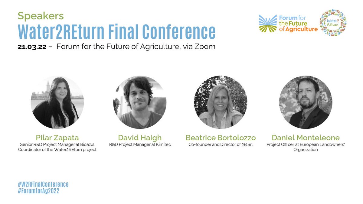 🗣️ They are the speakers that will participate in the #W2RFinalConference:

🔹<a href="/PilarZapataAran/">Pilar Zapata Aranda</a> from <a href="/bioazul_spain/">BIOAZUL SL</a> 
🔸<a href="/David_Kimitec/">David Haigh Florez</a>  from <a href="/KimitecGroup/">Kimitec</a> 
🔹<a href="/2Bortolozzo/">Beatrice Bortolozzo</a> from #2B
🔸<a href="/DanInBrussels/">Daniel Monteleone</a> from <a href="/EULandownersOrg/">European Landowners' Organization</a> 

Registration still open! ➡️bit.ly/35K3F0j