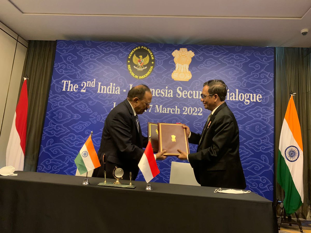 IndianEmbJkt's tweet photo. National Security Adviser Mr. Ajit Doval co-chaired the 2nd India-Indonesia Security Dialogue with Dr. Mohammad Mahfud, Coordinating Minister of Political, Legal and Security Affairs. They discussed issues including cooperation in counter terrorism, maritime, defence and cyber. https://t.co/nZmch5g2J6