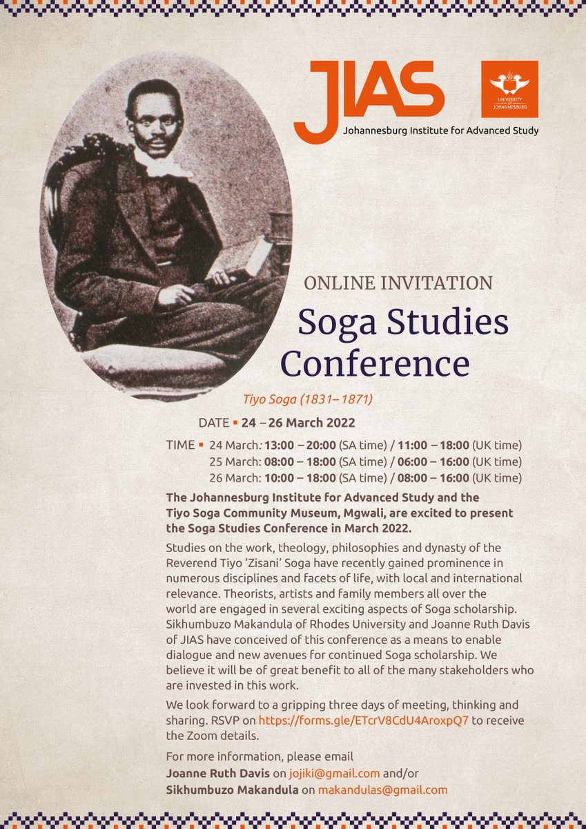 JIAS_UJ's tweet image. #JIAS Soga Studies Conference

Date: 24 – 26 March 2022

Time: 24 March: 13:00- 20:00 (SA time) 
           25 March: 08:00- 18:00 (SA time) 
   26 March: 10:00- 18:00 (SA time)

RSVP on forms.gle/ETcrV8CdU4Arox… to receive the Zoom details.
@UJLibrary @UJHistory @UJPhilosophy
