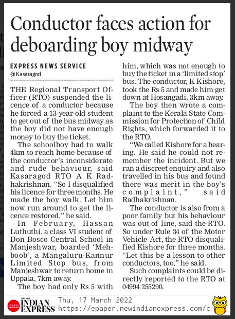 george_poikayil's tweet photo. #Kasaragod Regional Transport Officer (RTO) suspends the licence of a bus conductor for throwing a schoolboy midway because he did not have enough money to buy ticket. The boy had to walk 4km to reach home. @xpresskerala https://t.co/BUKRjdLwz7