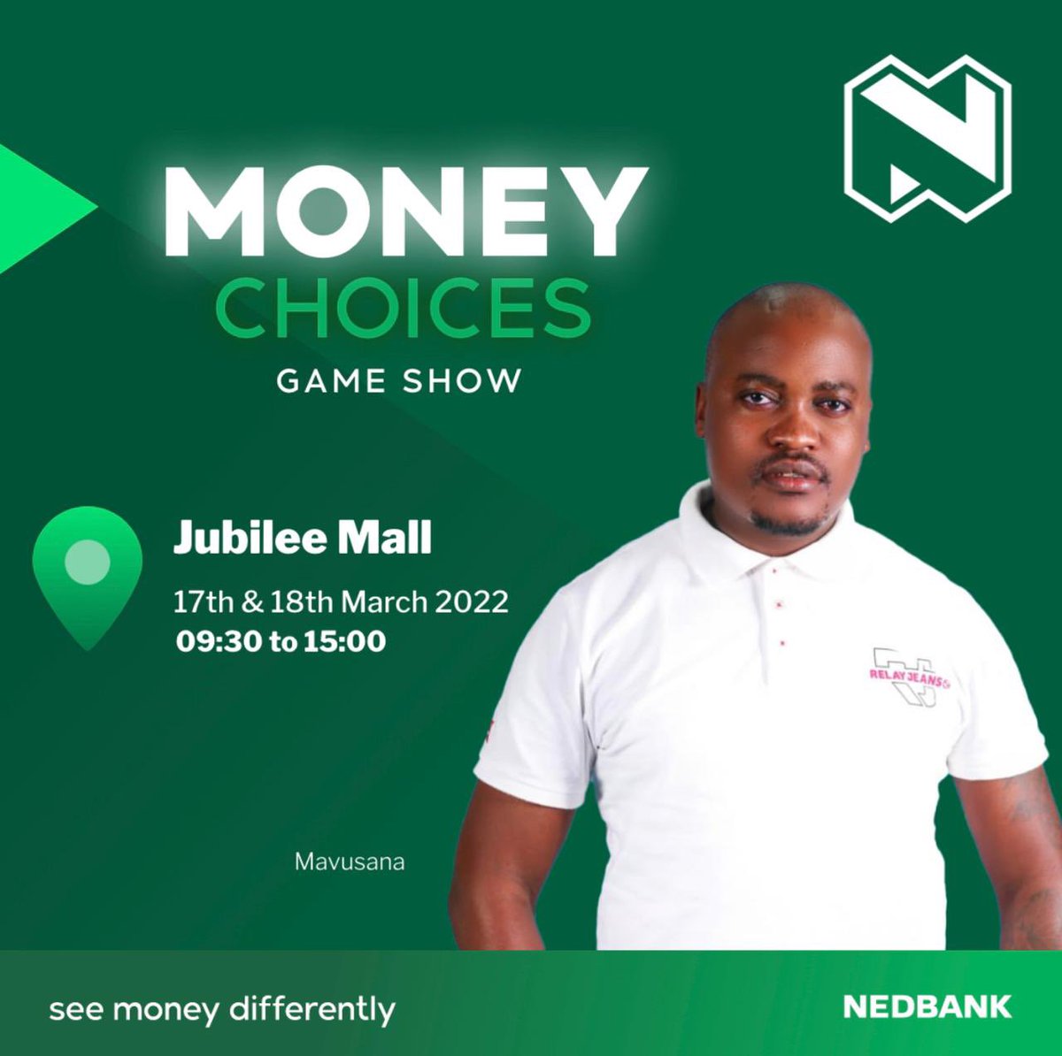 AndiMbhele's tweet photo. Mavusana will be at Jubilee Mall today and tomorrow , be sure to catch him there so you can stand a chance to win awesome prizes. All you need to do is open a @nedbank account &amp; you’re good to go🤝 #takeyourmoneyseriously https://t.co/WJn6dfOGZU