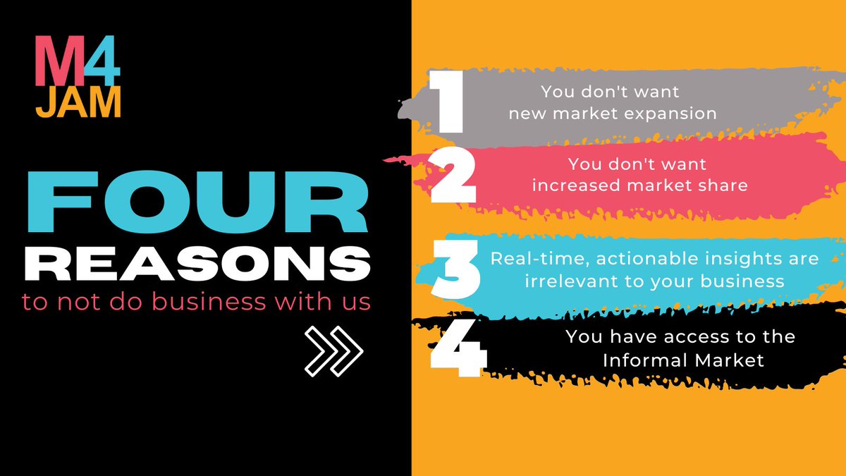 Drive informal market brand growth.
Our solution is data-driven, scalable &amp; sustainable.
#AccessInfomalMarket #InformalRouteToMarket #M4Jam