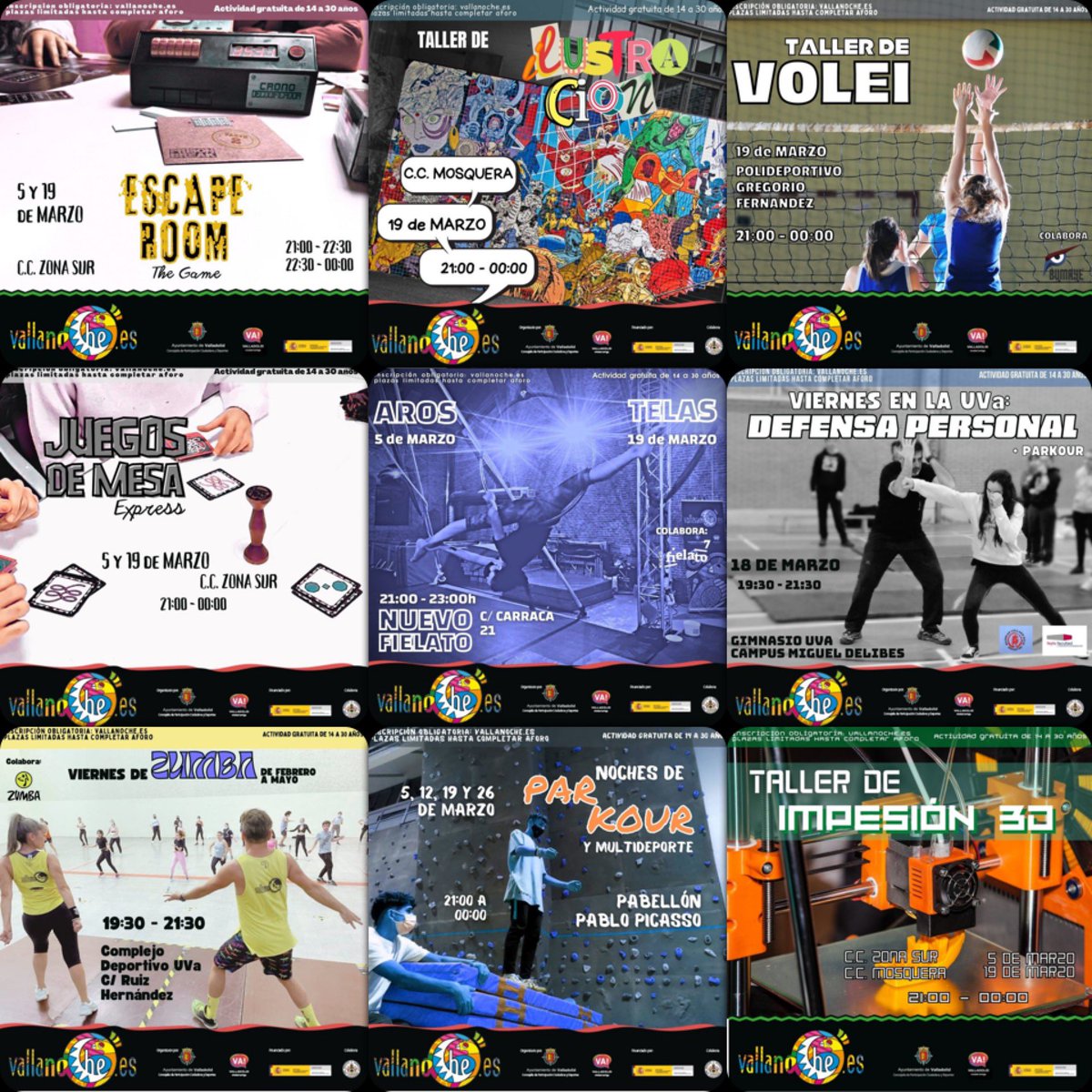 vallanoche's tweet photo. Este Fin de semana es de Ocio Alternativo con VallaTarde (11 a 14 años) &amp; VallanoChe (14 a 30 años) disfruta ⛹🏼‍♂️🤿🤺👻🤖👩🏻‍💻🤼‍♀️🤸‍♀️🏀🧱🪄👾🎭🏊🏼‍♂️🏐🎪🎲🔵🕵🏼‍♀️🧑🏻‍🎤😂actividades gratuitas,plazas limitadas,inscripción +info: https://t.co/6FeJIrccBF  😷👏🏻@AyuntamientoVLL @UVa_es @alberbustos 💪🤩 https://t.co/Gvg46RVSdC