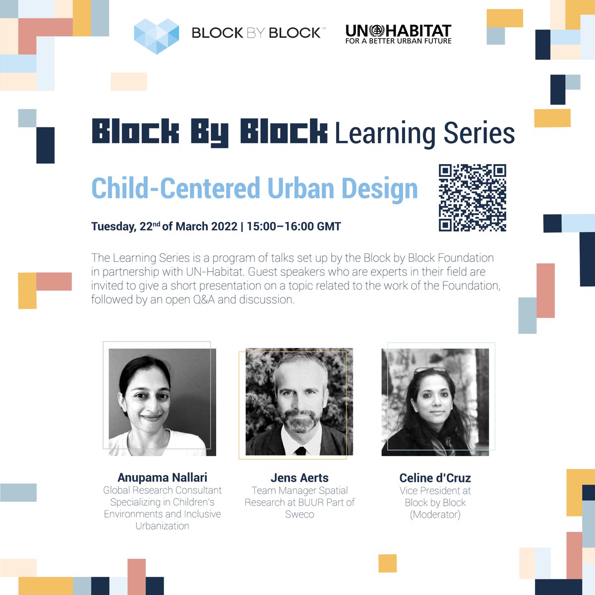 UNHABITAT's tweet photo. Join the learning series set up with @blockbyblockorg. Our expert guest speakers will share short presentations as we explore #ChildCenteredUrbanDesign
 🗓️22nd March 2022 at 15:00 GMT
Register👉https://t.co/RcNhJ0CzBf https://t.co/Fh3TfJlLLu