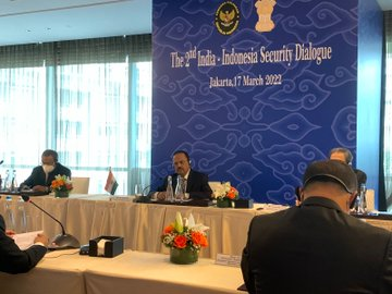 ANI's tweet photo. NSA Ajit Doval co-chaired 2nd India-Indonesia Security Dialogue with Mohammad Mahfud, Coordinating Minister of Political, Legal &amp; Security Affairs. They discussed issues including cooperation in counter terrorism, maritime, defence and cyber: Indian Embassy in Indonesia https://t.co/ICXrplKJd6