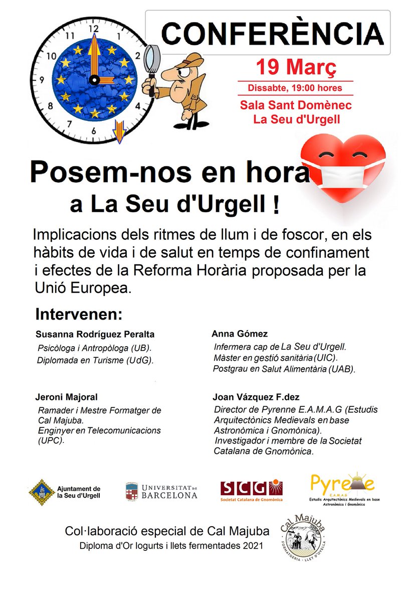 PyrenneEAMAG's tweet photo. Dissabte 1⃣9⃣març a les 19h, amb motiu del canvi d'hora del proper cap de setmana que entrem a l'horari d'estiu, us convidem a la sala St.Domènec a la conferència POSEM-NOS EN HORA A LA SEU D'URGELL! Us esperem!

@ajlaseu @gnomonica_cat @patrimonigencat @RadioSeu @UniBarcelona https://t.co/ODKW730vmp