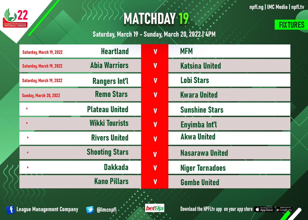 npfllive's tweet photo. #npfl #Matchday19 

Match day fixtures!! https://t.co/Hz14kJNSay