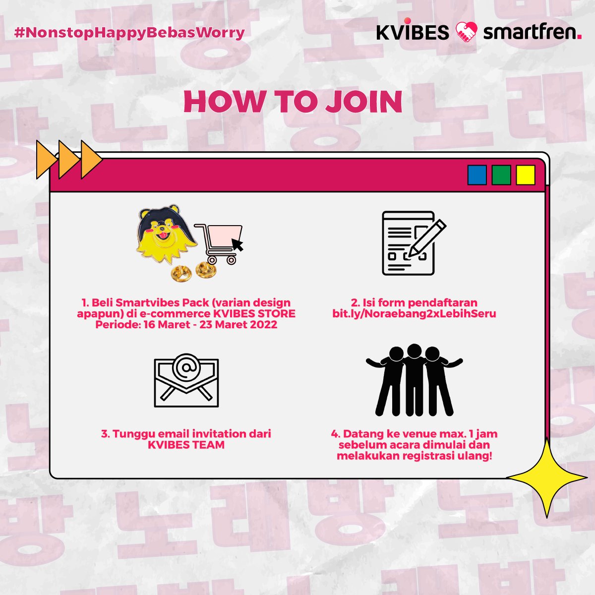 treasuremenfess's tweet photo. [PP]
Annyeongg
Siapa yang mau ikutan noraebang? Kvibes &amp; smartfren balik lagi nih "NORAEBANG - UNLIMITED SERU WITH THE BIG 4" 
Link daftar https://t.co/EhK4xWfflu
Nah, Catat ya
🗓 : Sabtu, 26 Maret 2022
⏰ : 6 PM - Selesai
🏠 : Bali United Studio, Jakarta Barat
LIMITED STOCK,23K! https://t.co/izPZiE8y1l
