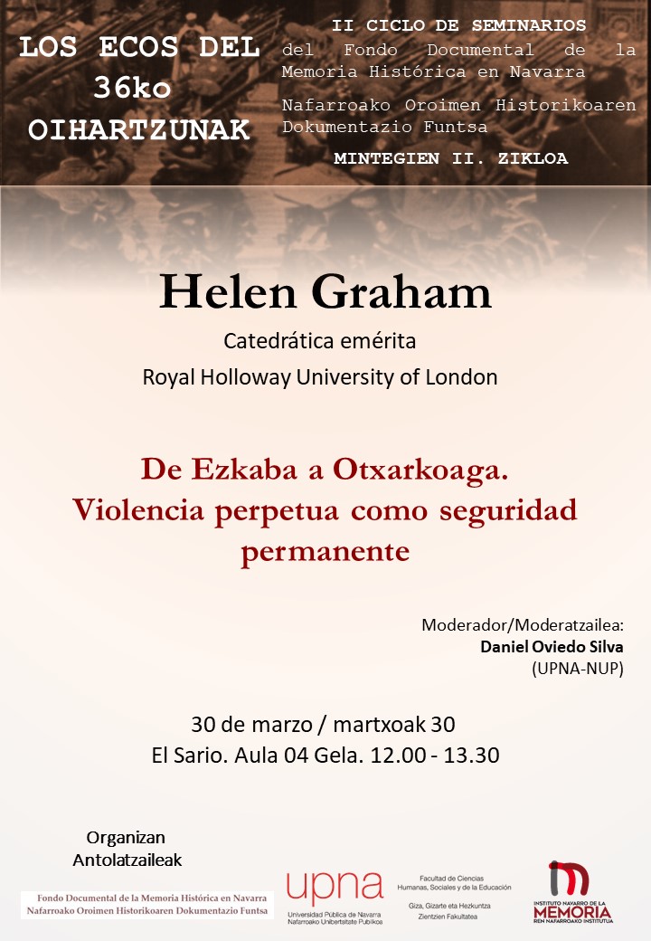 memoriaoroimena's tweet photo. "De Ezkaba a Otxarkoaga. Violencia perpetua como seguridad permanente"
🗣️ #HelenGraham|ekin hitzaldia
(@RoyalHolloway| katredadun emeitua)
📅Martxoak 30
🕒 12:00
📍Sarion, 04 gela, @UNavarra
@1936_na #36koOihartzunak https://t.co/kePegacycT