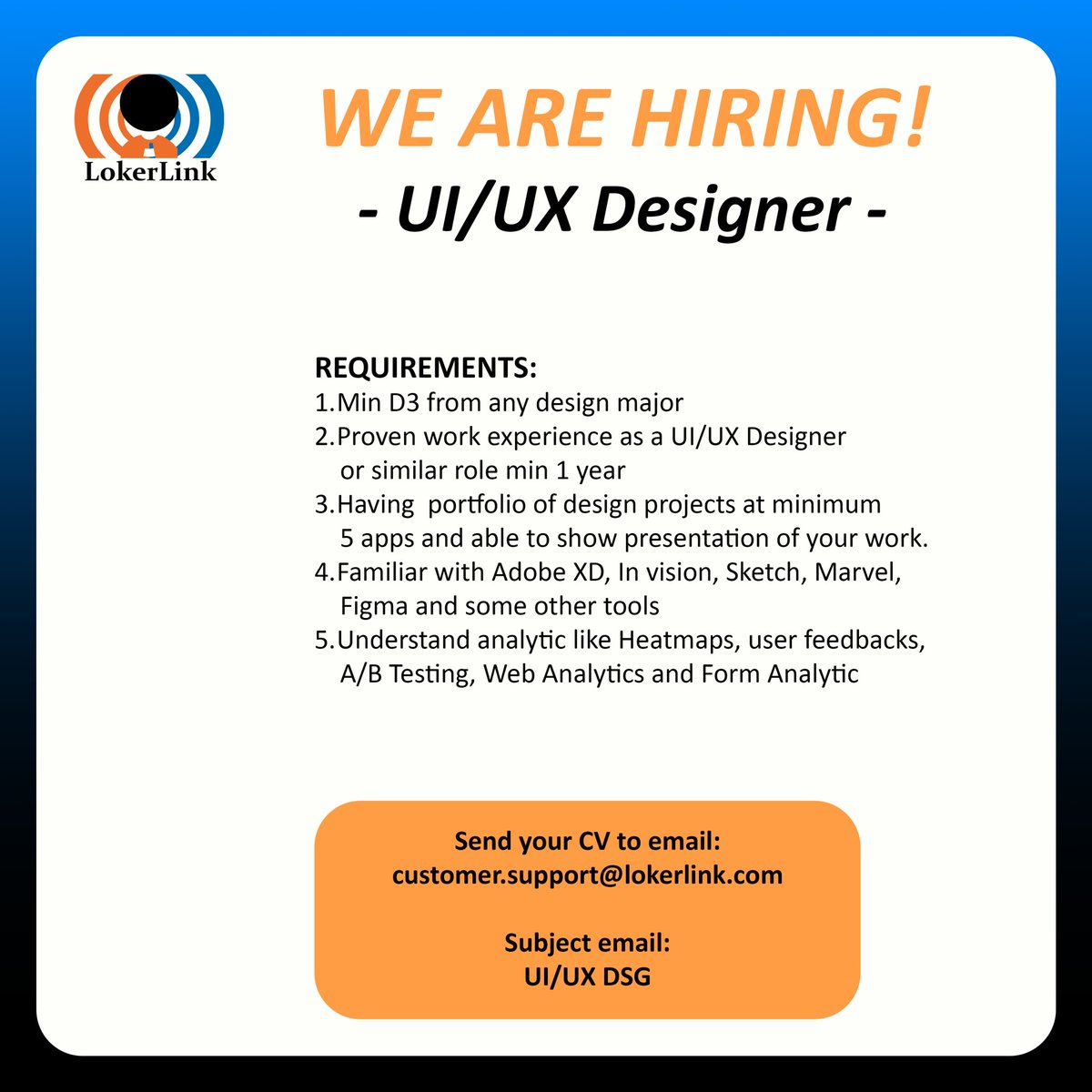 L (@lokerlink) on Twitter photo WE ARE HIRING!
UI/UX Designer
If you are interested, please send your CV to customer.support@lokerlink.com (Subject : UI/UX DSG)
#lokerlink #lokerIT #designer #uiuxdesigner #lokerjakarta #lowongankerja #infoloker #lowonganpekerjaan #lokerindonesia WE ARE HIRING!
UI/UX Designer
If you are interested, please send your CV to customer.support@lokerlink.com (Subject : UI/UX DSG)
#lokerlink #lokerIT #designer #uiuxdesigner #lokerjakarta #lowongankerja #infoloker #lowonganpekerjaan #lokerindonesia