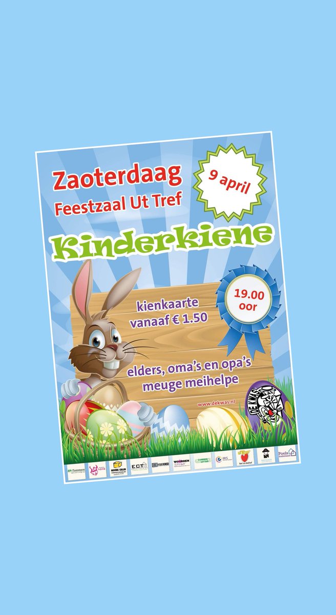 Kieeeeeeeeeeeen!

Zaoterdaag 9 april organisere weej weer 't gezellige Kinderkiene in ós residentie, Feestzaal Ut Tref.

't Belaof weer 'ne knotsgekke kienaovend te waere met leuke prieskes.

Oh jao, de staon- en zitrónde wuurt neteurlik neet vergaete!
