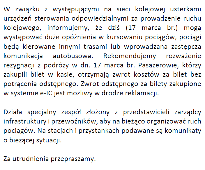 PKPIntercityPDP's tweet photo. W związku z występującymi na sieci kolejowej usterkami urządzeń sterowania odpowiedzialnymi za prowadzenie ruchu kolejowego prosimy o rozważenie rezygnacji z podróży naszymi pociągami 17 marca br. Pasażerowie otrzymają zwrot kosztów za bilet bez potrącenia odstępnego. Więcej ⬇️ https://t.co/YXqYZVIh2M