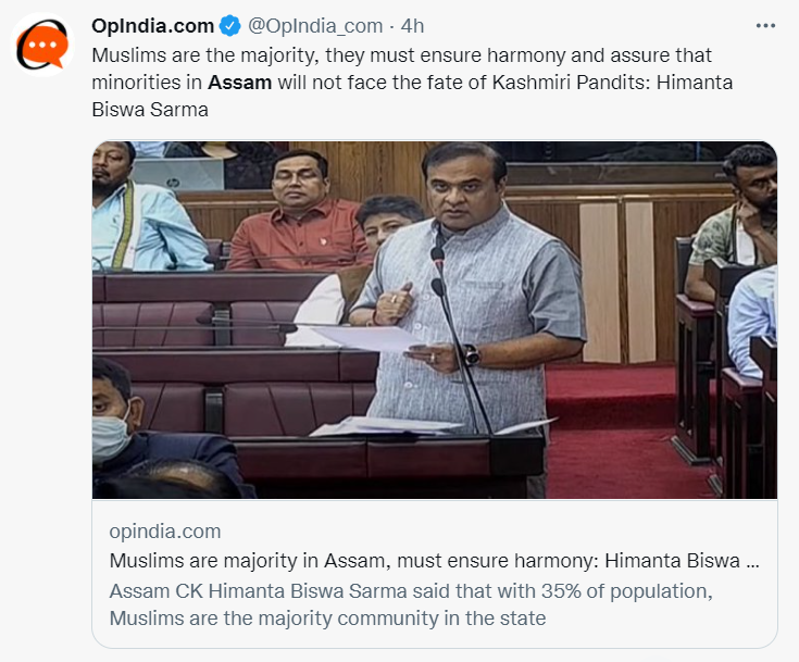 Diganta701's tweet photo. I firmly agree with CM #HimantaBiswaSarmasir sir. I am also a native of Assam and aware of Minority and Majority in my state.
But we believe, as long as Himanta Sir is CM, there will be no #Kashmir like situation in #Assam ever.
#TheKashmirFiles
#AssamFiles #Guwahati https://t.co/Pyp2zYKHEU