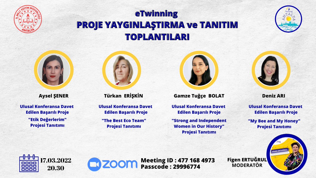İl Milli Eğitim Müdürlüğümüz koordinesinde yürütülen eTwinning Proje Tanıtım ve Yaygınlaştırma Toplantılarının ikincisi 17.03.2022 Perşembe günü saat 20.30’da gerçekleştirilecektir.
<a href="/tcmeb/">Millî Eğitim Bakanlığı</a>
<a href="/AntalyaValilik/">T.C. Antalya Valiliği</a>
<a href="/emre_caliskan/">Emre Çalışkan</a>
