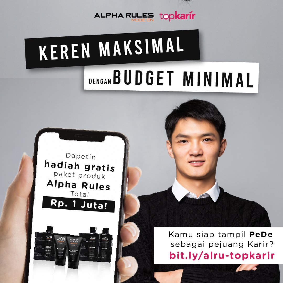 TopKarir's tweet photo. Yuk tampil lebih pede dengan produk dari Alpha rules &amp; Dapetin VOUCHER GRATIS senilai 1.000.000 di aplikasi TopKarir

Download aplikasi TopKarir &amp; keren maksimal dengan budget minimal dengan rangkaian produk dari Alpha rules di sini https://t.co/gahHqH4ygS

#TopKarir #Alpharules https://t.co/HM7kEGRjuV