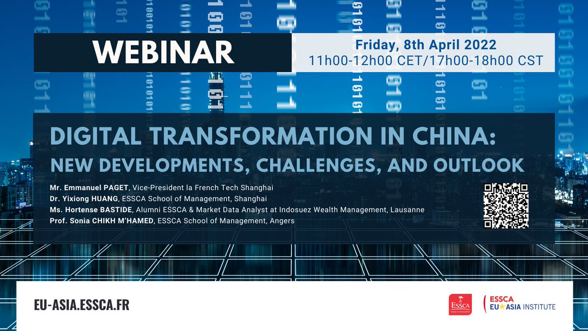 📅This webinar aims at contributing to the current lively discussion on the digital transformation in #China: political and economic aspects, digital competition, challenges and potential for foreign companies in China.
⏳ 8 April 22 - 11:00 CET
eu-asia.essca.fr/event/research…
