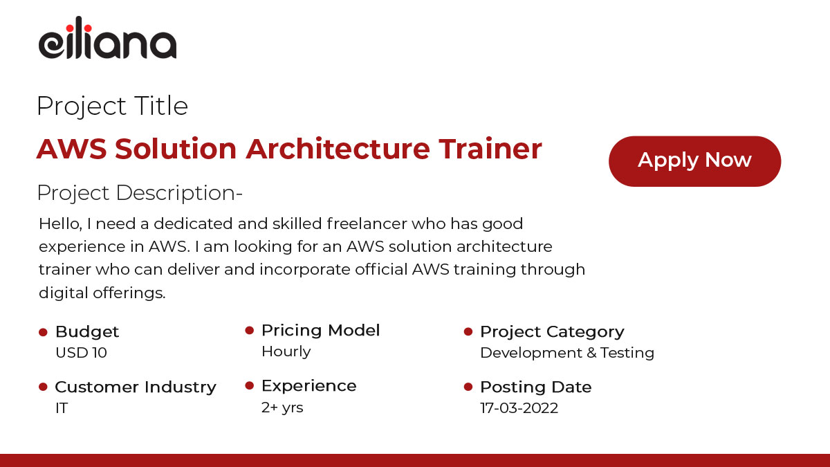 eiliana_world's tweet image. Have a look at the #AWSsolution architecture trainer job posted on Eiliana and apply now if you are interested.
Get the benefit of low commission, safe & flexible platform, 24*7 support, and more.
Sign up for free now at eiliana.com