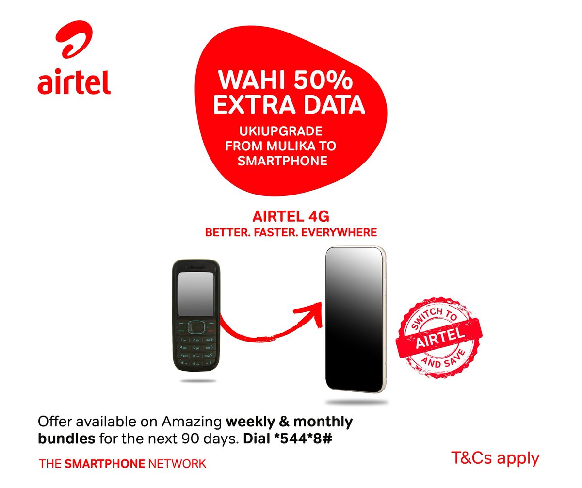 JohnKirutu's tweet photo. Guys, @AIRTEL_KE has expanded its  4g coverage in Kenya, Switch To Airtel to enjoy fast 4g speeds.Hamafrom mulika mwizi to a smartphone and get to enjoy the 50% extra data  whenever you buy for the next 90 days.
#UpgradeNaAirtel4G https://t.co/bzCG2uXZRg https://t.co/bzBhtgCvgP