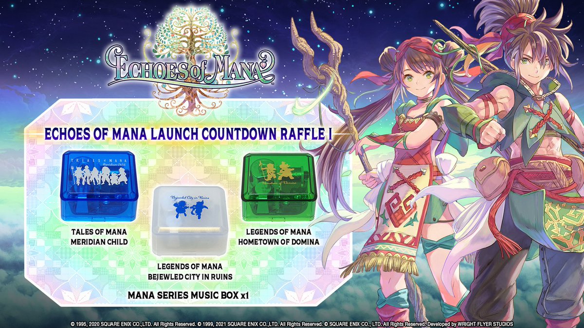 We are holding an #EchoesOfMana LAUNCH COUNTDOWN RAFFLE! From 3/17 until 4/1 (PT), enter for a chance to win one of 3 Mana series music boxes! Follow us &amp; RT + reply with #EoM #Sweepstakes to enter! Official Rules: sqex.link/EoMLaunchRaffl…

Pre-register: sqex.to/LH9tC