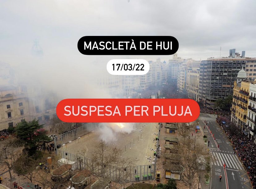⚠️ #AVÍS | Davant la situació meteorològica de forts vents 💨 i pluges ⛈ se suspén la #Mascletà17 💥 de <a href="/PiroAitana/">Pirotècnia Aitana</a> prevista per a hui. #Falles22