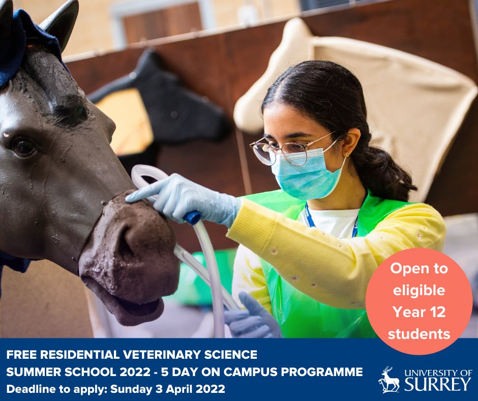 Sign up today for our FREE Residential Veterinary Science Summer School  <a href="/UniOfSurrey/">University of Surrey</a> A 5-day on campus programme giving students to experience studying #VeterinaryScience 

📅Residential  |  27 June – 1 July 2022
⏱️ Deadline | 3 April 22

Sign up now | ow.ly/2XJz50IkxCo