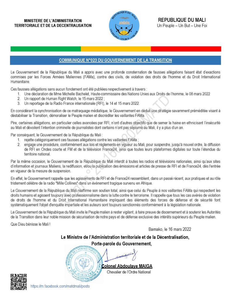 #Mali #Bamako suspend @RFI & @FRANCE24 comme si les informations sur les exactions n’étaient pas celle de @hrw et de l’ONU. Courage aux confrères maliens.