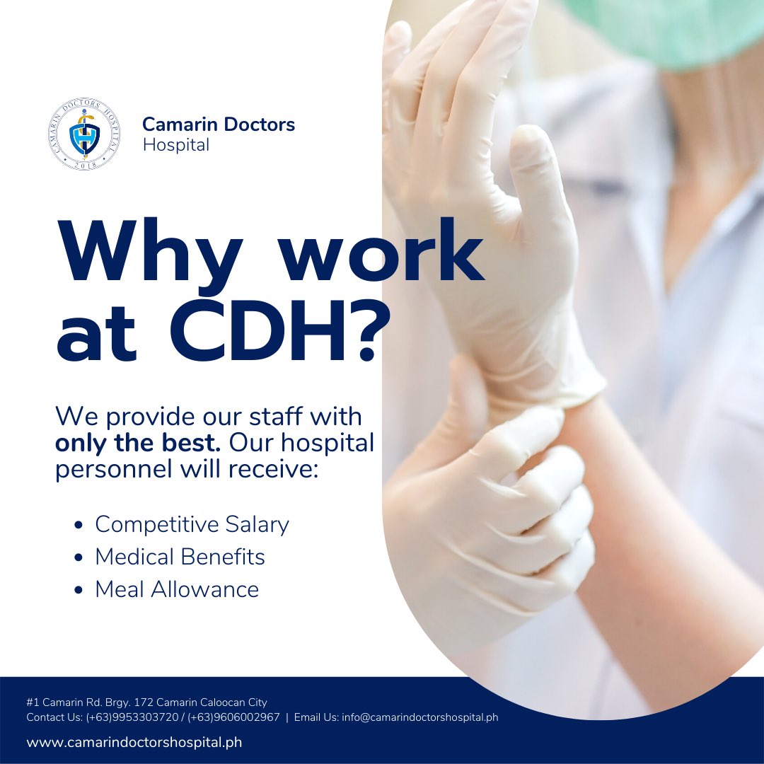 CamarinDoctors's tweet photo. Aside from providing competitive salary, medical benefits and meal allowance, weβll also provide our employees with hazard pay, longevity pay, overtime pay and as well as medical benefits for both the employee and their family ππ
#CamarinDoctorsHospital
#CDHCares
#TeamCDH https://t.co/c7wAeT0Rkr