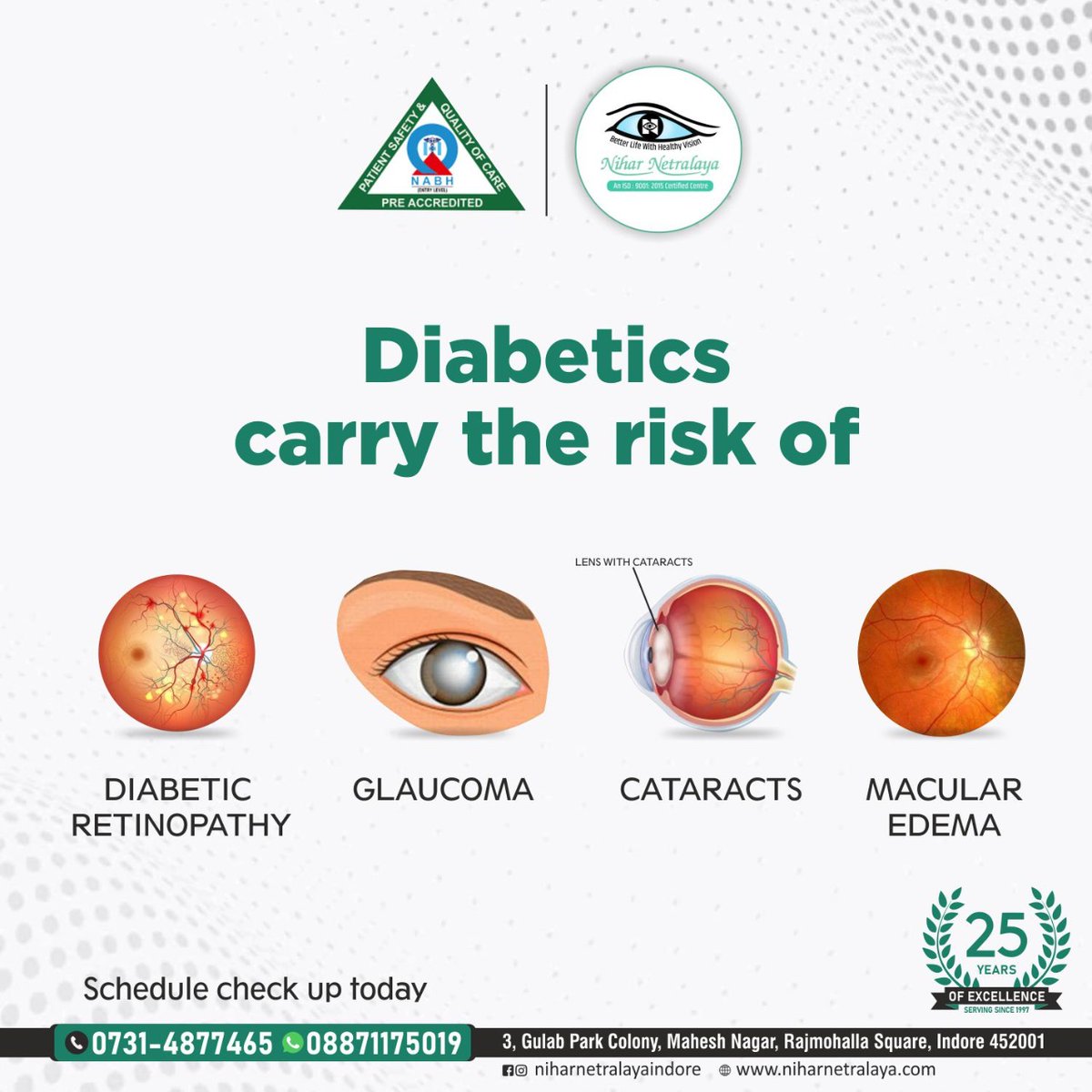 It is recommended for diabetic people to get their eyesight tested at regular intervals to avoid vision loss.

Get connected today!
 #diabeticmacularedema
#niharnetralaya
#lasik #lasikeyesurgery #optometrist #opthalmology #opthalmologist #digitalmarketing #facebookpost