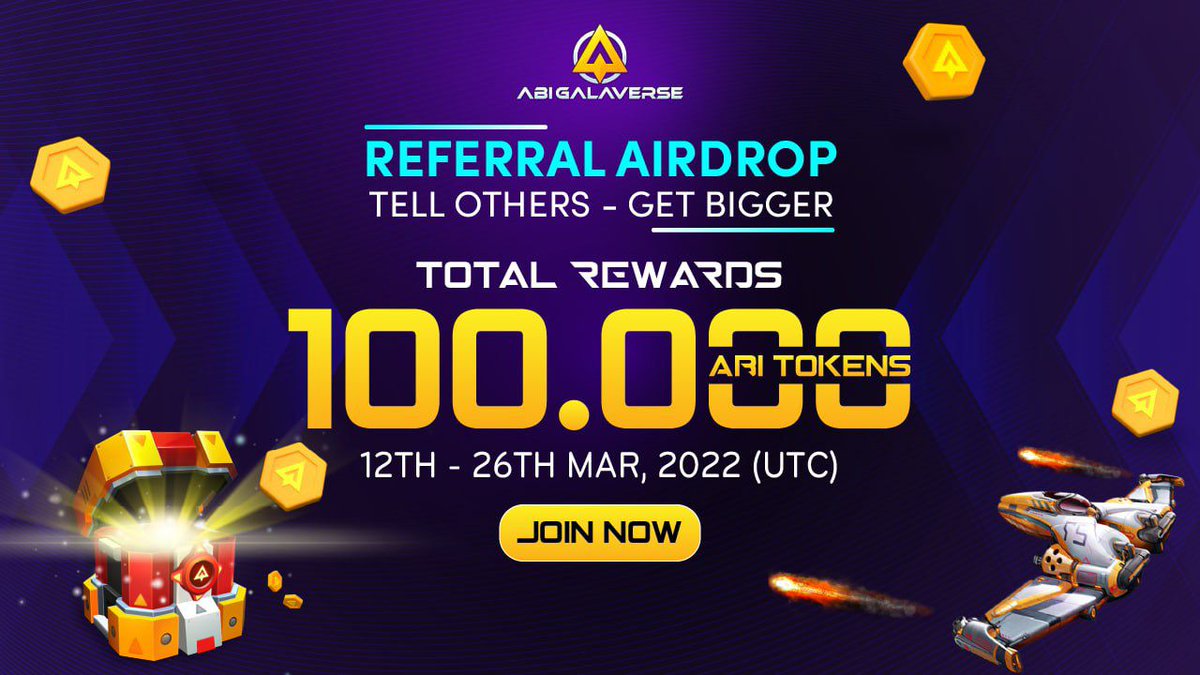New Airdrop: ABI Galaverse
Value: 100,000 ABI
Referral: Top 3 highest rewards
Winners: Top 2,500 
End Date: 26th March, 2022
Distribution: After TGE

🔗 Airdrop Bot: t.me/galaverse_aird…

#Airdrop #Crypto #Bitcoin #BNB #AirdropAchiever #ABIGalaverse
