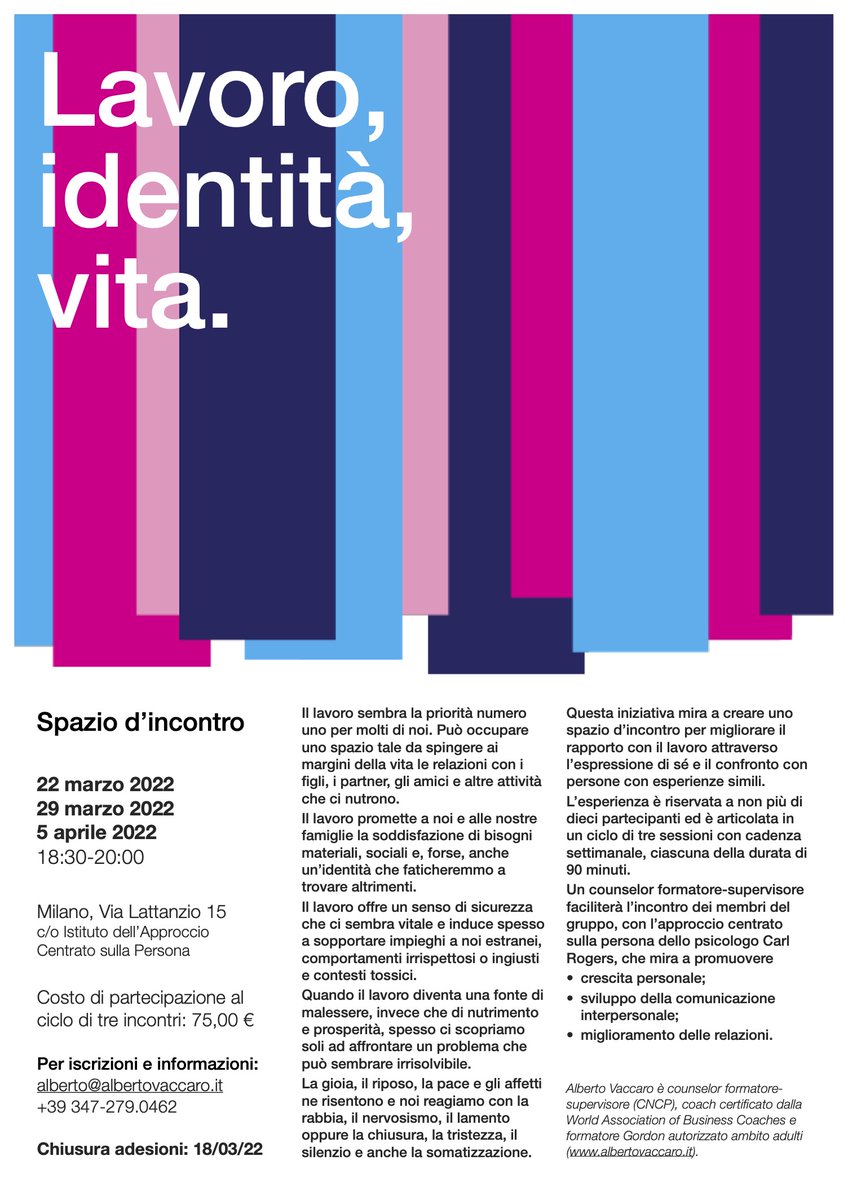 Alberto_Vaccaro's tweet photo. Tre incontri per migliorare il rapporto con il lavoro attraverso l’espressione di sé e il confronto con persone con esperienze simili. Le adesioni si chiudono domani: unisciti al gruppo! https://t.co/JPagHVrGhT