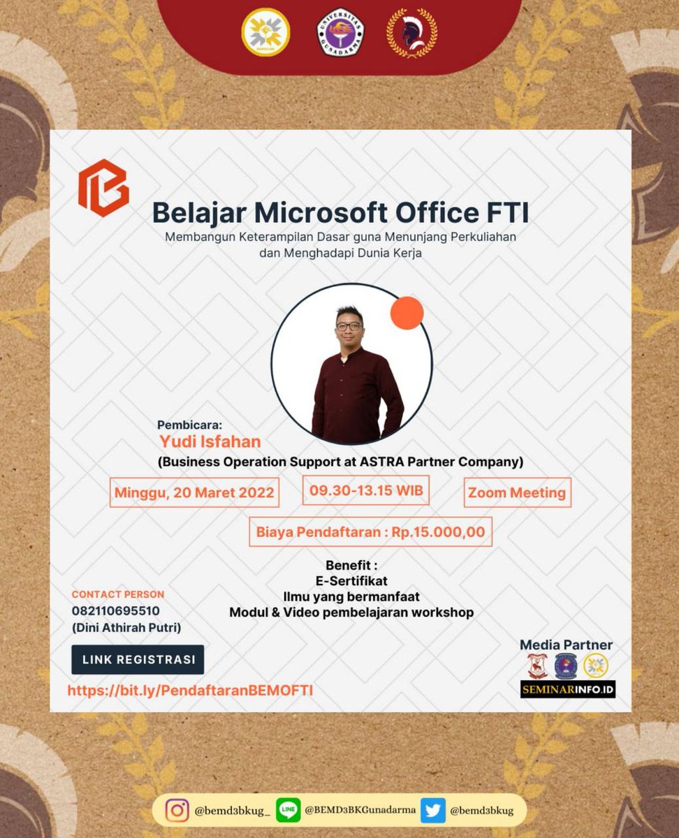 [OPEN REGISTRATION BEMO FTI]
Halo, Teman-Teman!
FTI Korsa!
Yuk, Kenali BEMO FTI!
BEMO FTI merupakan kegiatan workshop yang dilaksanakan untuk meningkatkan kemampuan dan pengetahuan akan Microsoft Office sebagai bekal diri dalam dunia perkuliahan , dunia kerja.