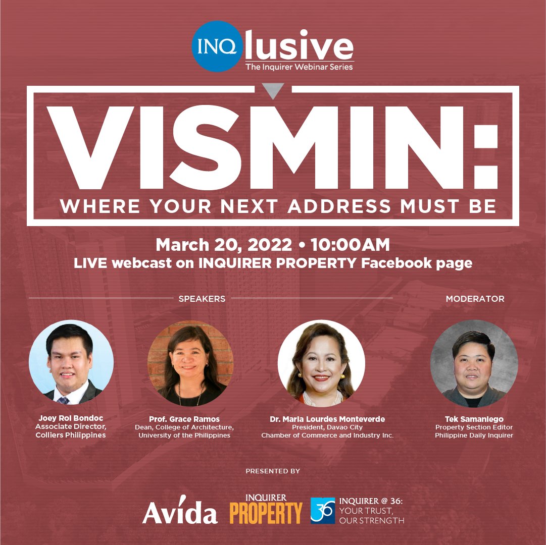 inquirerdotnet's tweet photo. Ride on the optimism fueling the recovery of Philippine real estate by tapping these emerging opportunities in VisMin.
Tune in on March 20, 10am at Inquirer Property Facebook page to know more. https://t.co/jQOUsywzXi
#INQlusiveWebinarSeries
#InquirerProperty
#Avida https://t.co/pCT6V2ygH3