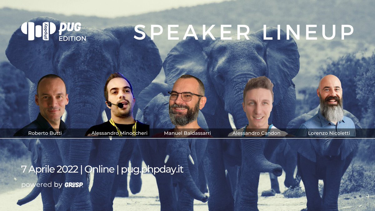 #phpdayPUGedition lineup is online 💜

Thanks to our speakers:
Manuel Baldassarri @k3a
Alessandro Minoccheri <a href="/minompi/">Alessandro Minoccheri</a>
Roberto Butti <a href="/RmeetsH/">Roberto B.</a>
Alessandro Candon
Lorenzo  Nicoletti

and MCs:
<a href="/acappellozza/">Alessandro Cappellozza</a> <a href="/robgallea/">Roberto Gallea</a>

🎫pug.phpday.it
🇮🇹 Italian language

<a href="/grusp/">GrUSP</a> #php #phpday