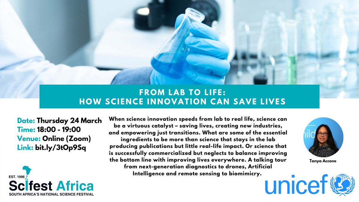 GhtScifest's tweet photo. Coming up next Thursday 24 March at 6pm, join Tanya Accone, Senior Advisor on Innovation at @UNICEF, for a vital webinar: "From Lab to Life: How Science Innovation Can Save Lives"

Register here: https://t.co/frHTZSFFBe https://t.co/uZD8cRNZVh