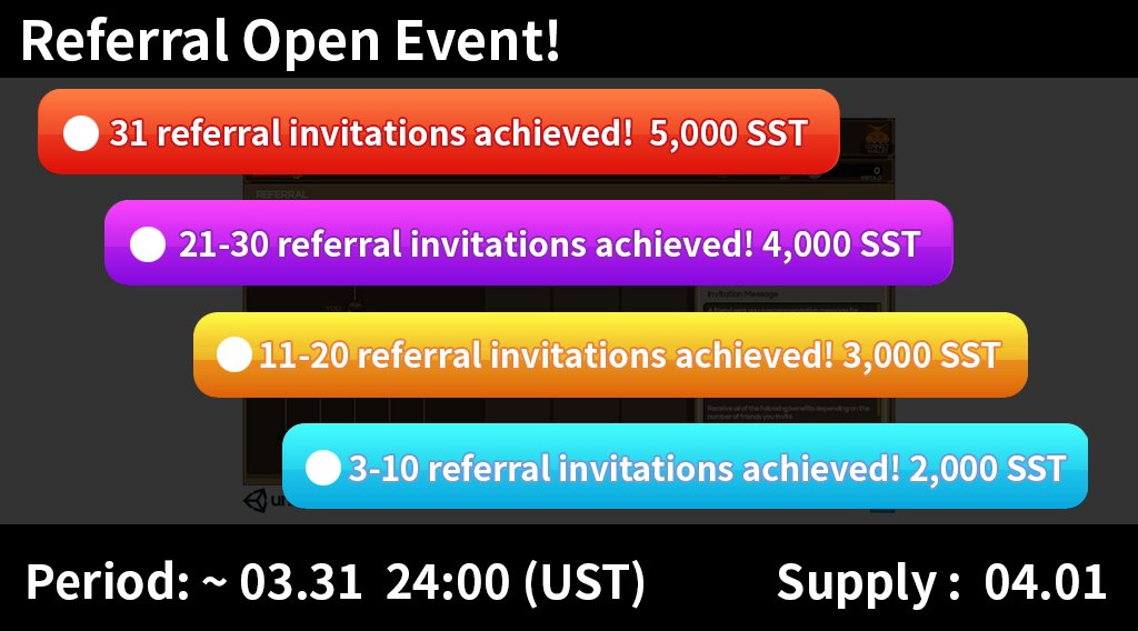 📣Referral Open Event!

Additional SST is paid according to the number of referral invitations achieved!✔️

Period: ~ 03.31  24:00 (UST)
Supply :  04.01

Referral Menu Link : 
isekaitruck.io/?page_id=3646?…

Referral Guide Link : 
isekaitruck.gitbook.io/isekai-truck/r…