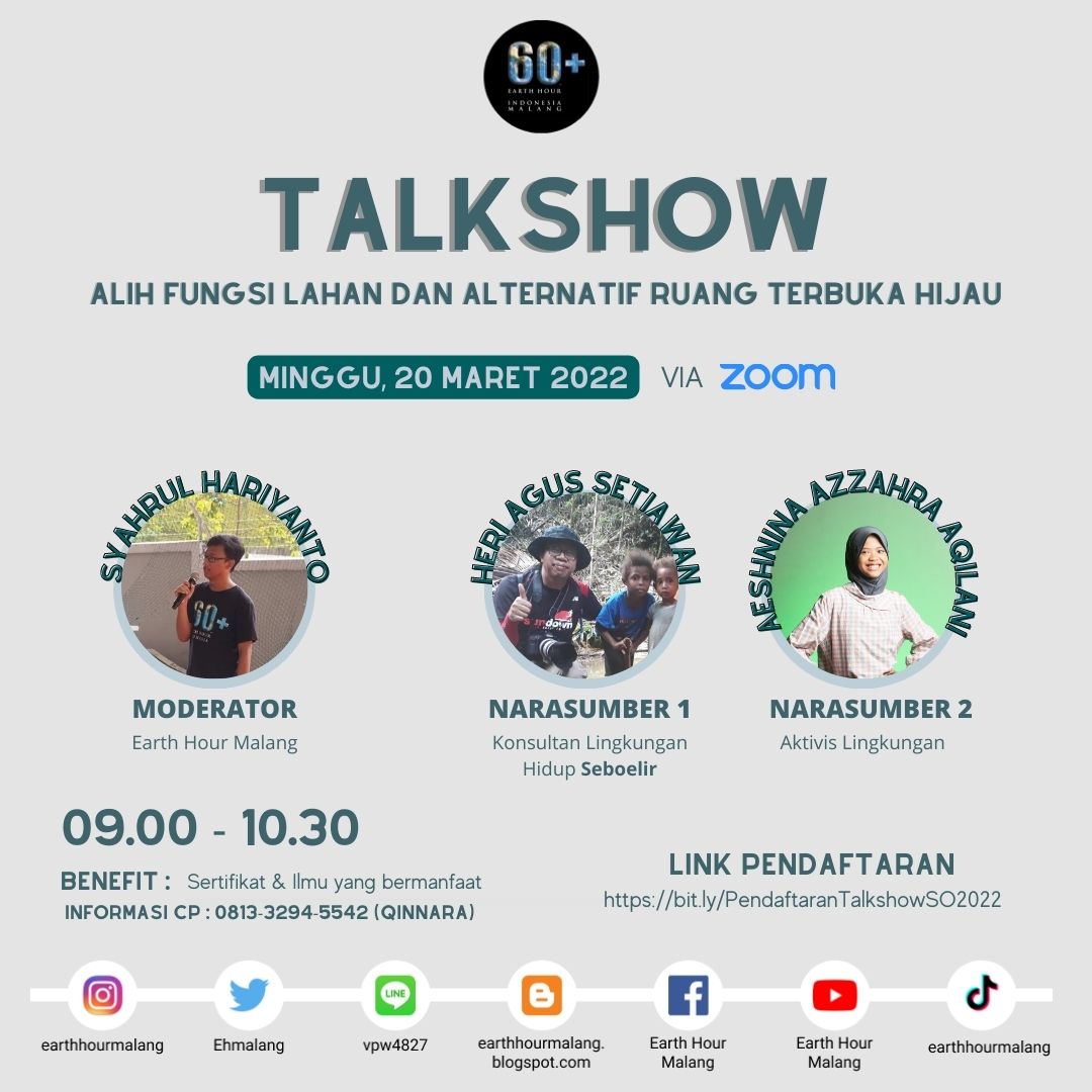 [Talk Show Earth Hour Malang]
Halo SobatEH! Earth Hour Malang akan mengadakan Talk Show seru tentang "Alih Fungsi Lahan dan Alternatif Ruang Terbuka Hijau" loh. Talkshow terbuka untuk UMUM, daftarkan diri kalian di bit.ly/PendaftaranTal….
#IniAksiku #EarthHourIndonesia #EHMalang