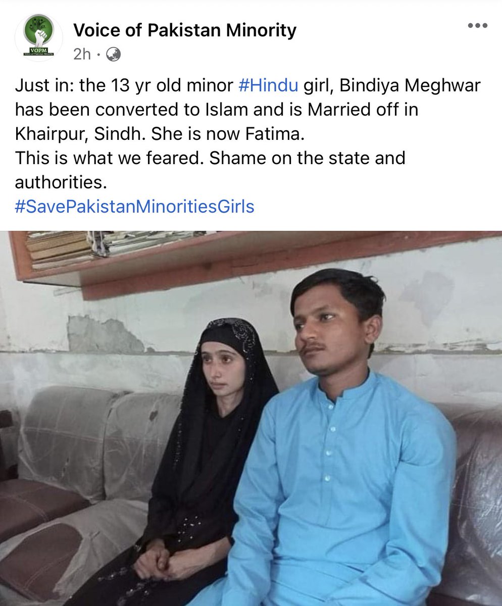 wagmaferoz's tweet photo. 13 year old minor Bindiya Meghwar has been converted and married off in Khairpur Pakistan.
@anilaali @ammwecofficial @MmeIngeborg
#ReligiousMinoritiesinPakistan https://t.co/JuQZ76mlSI